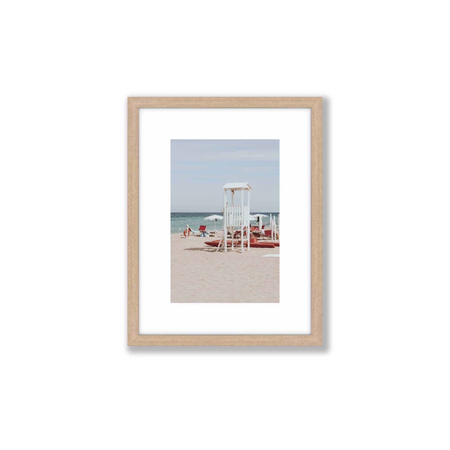 Barefoot Bliss Puglia beach Italian coastal decor wall art Small fine art print in natural oak frame with matboard