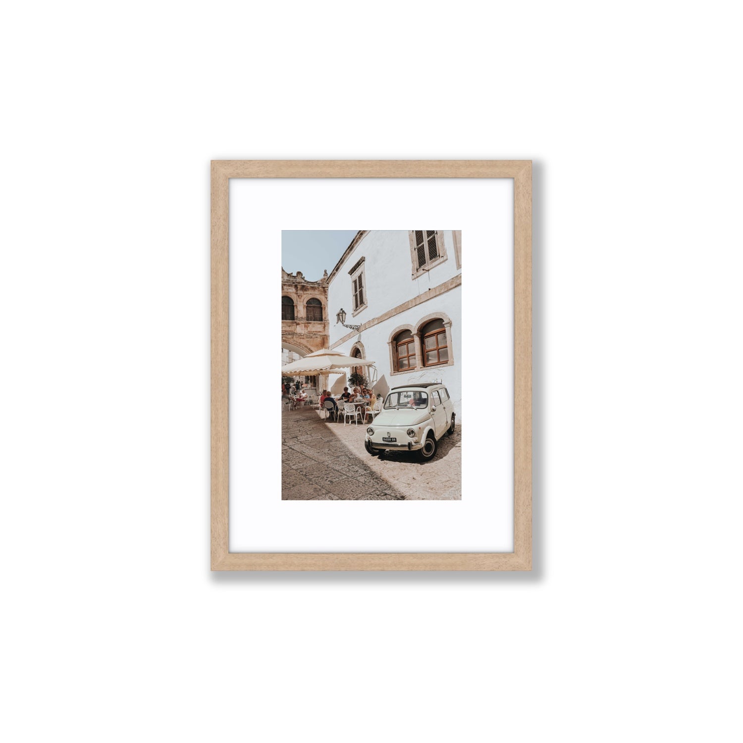 Piazza di Ostuni Puglia Italian wall art Small fine art print in natural oak frame with matboard