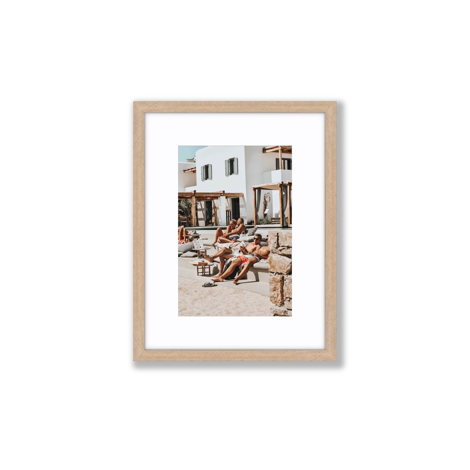 Style That Sizzles Mykonos Greek island wall art Small fine art print in natural oak frame with matboard