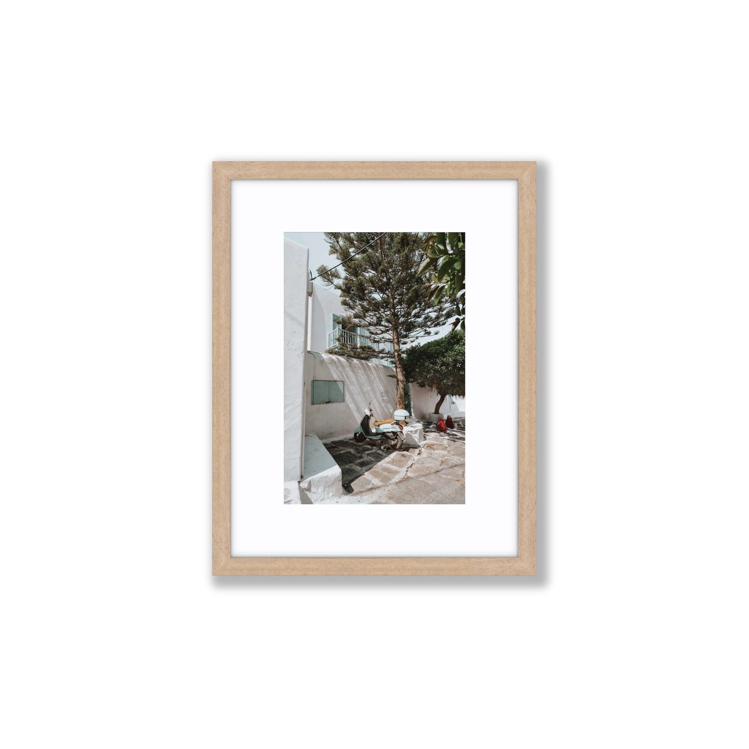 The Getaway Mykonos Mediterranean Greek island art print Small fine art print in natural oak frame with matboard