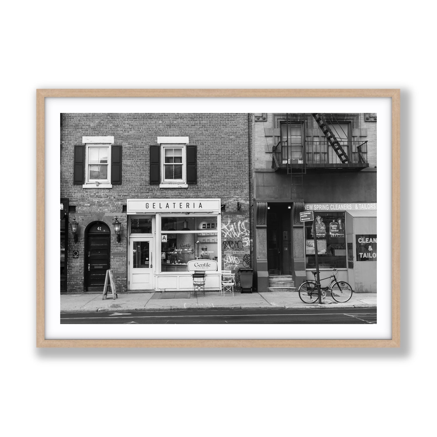 West Village Dolcezza New York NYC Black & White wall art Gallery fine art print in natural oak frame with matboard
