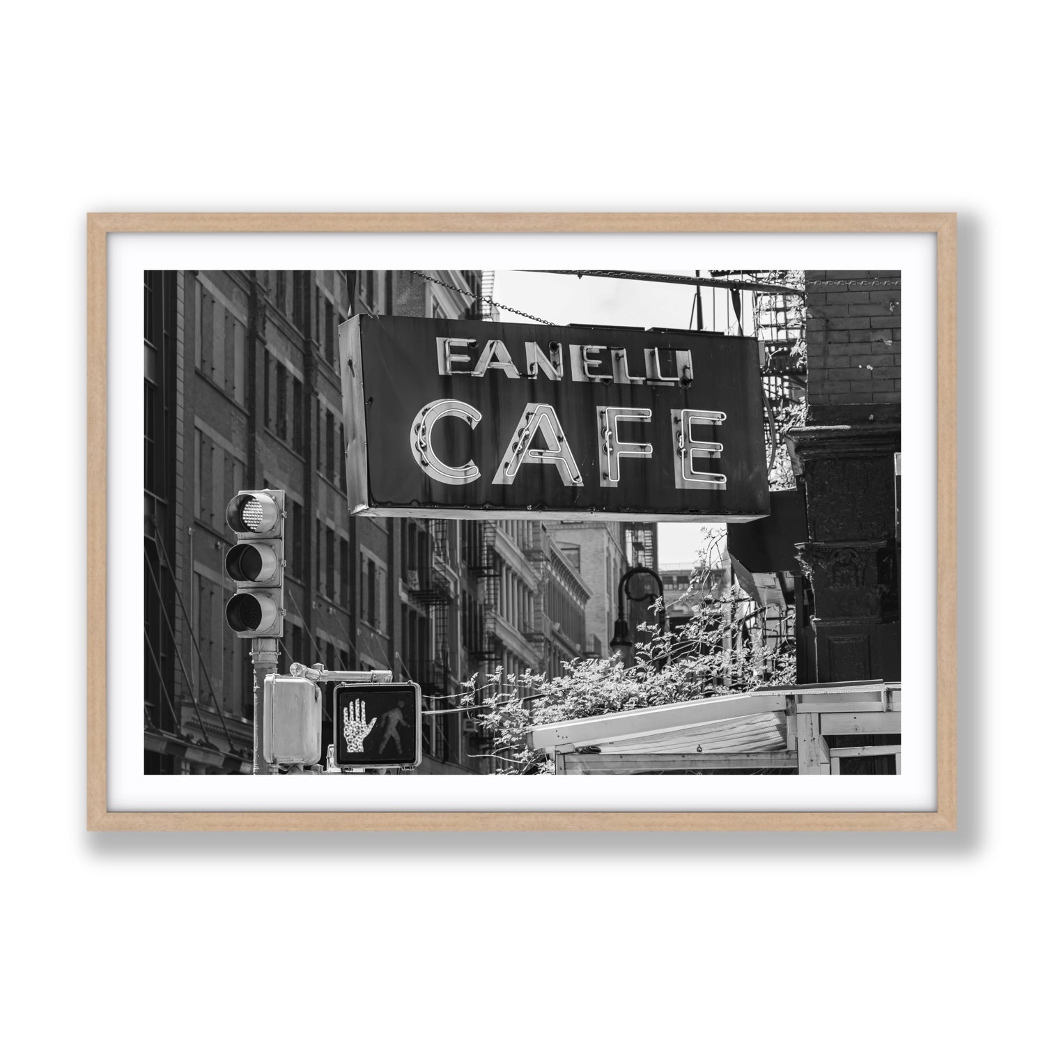Soho Neon New York NYC Black & White wall art Gallery fine art print in natural oak frame with matboard