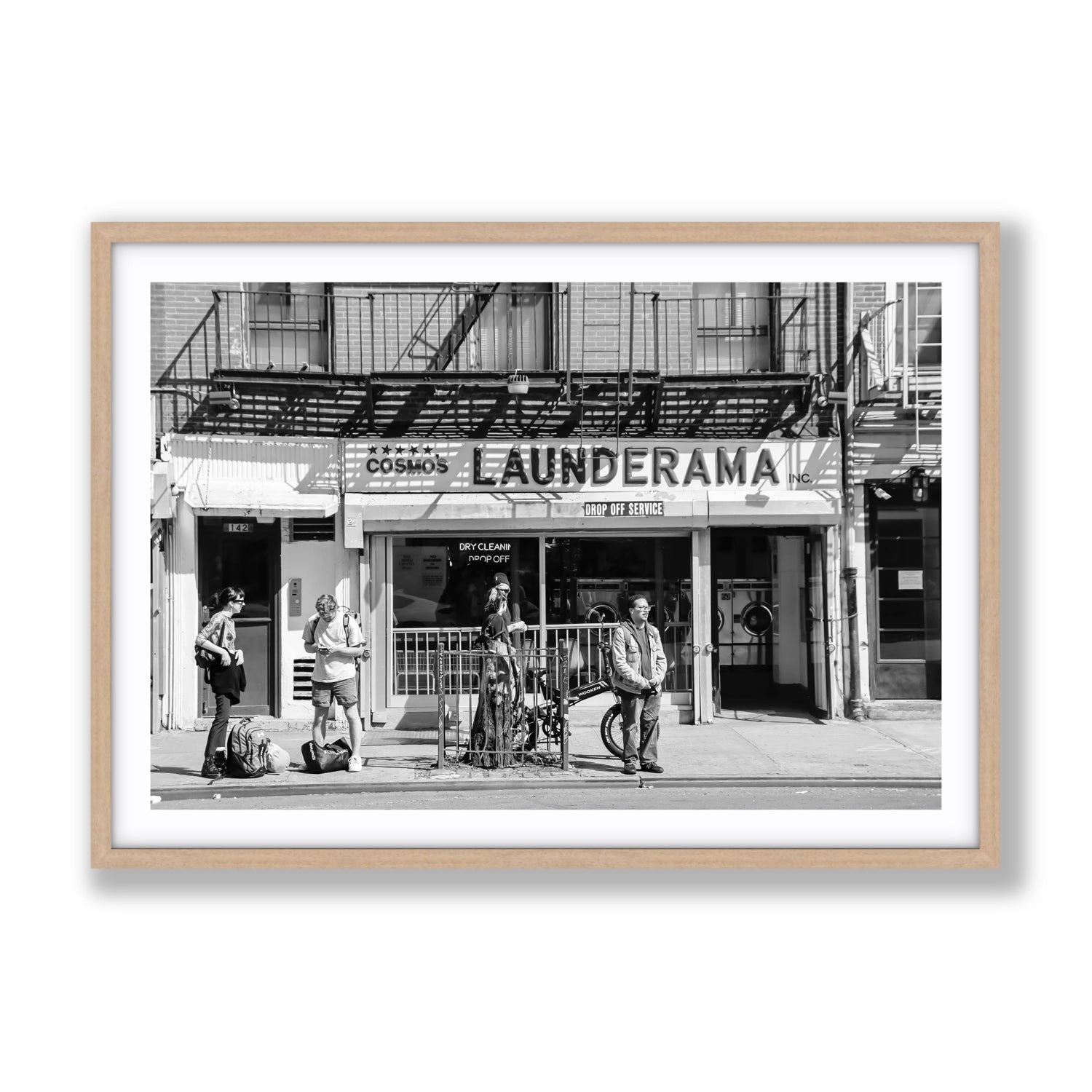 Launderama New York NYC Black & White wall art Gallery fine art print in natural oak frame with matboard