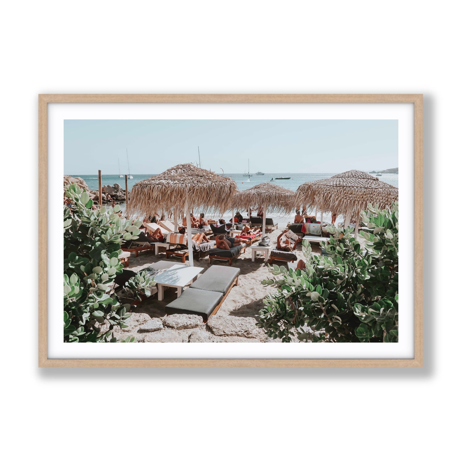 Greek Haven Mykonos Greek island coastal wall art Gallery fine art print in natural oak frame with matboard