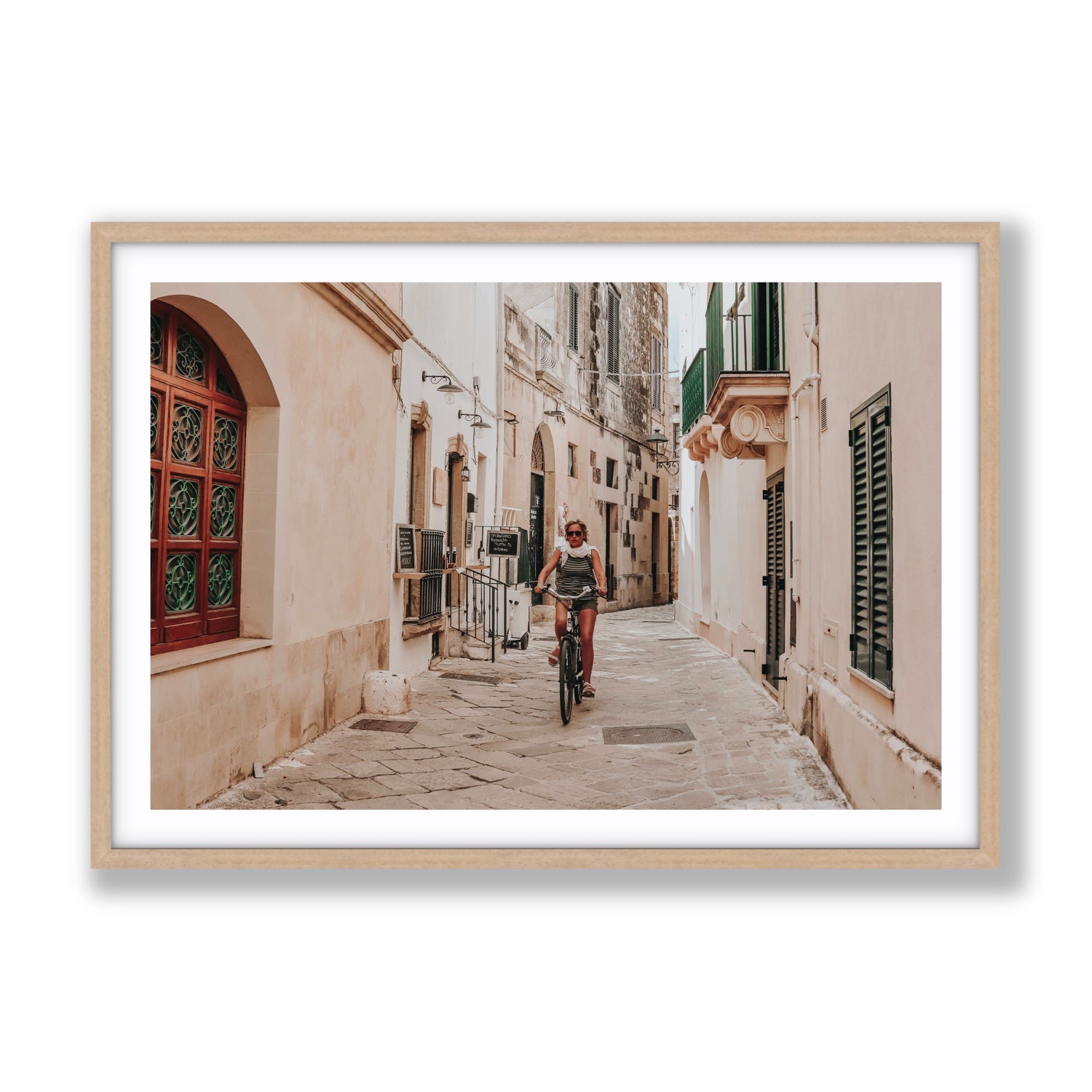 La Donna In Bicicletta Puglia Wall Italian fine art print Gallery fine art print in natural oak frame with matboard
