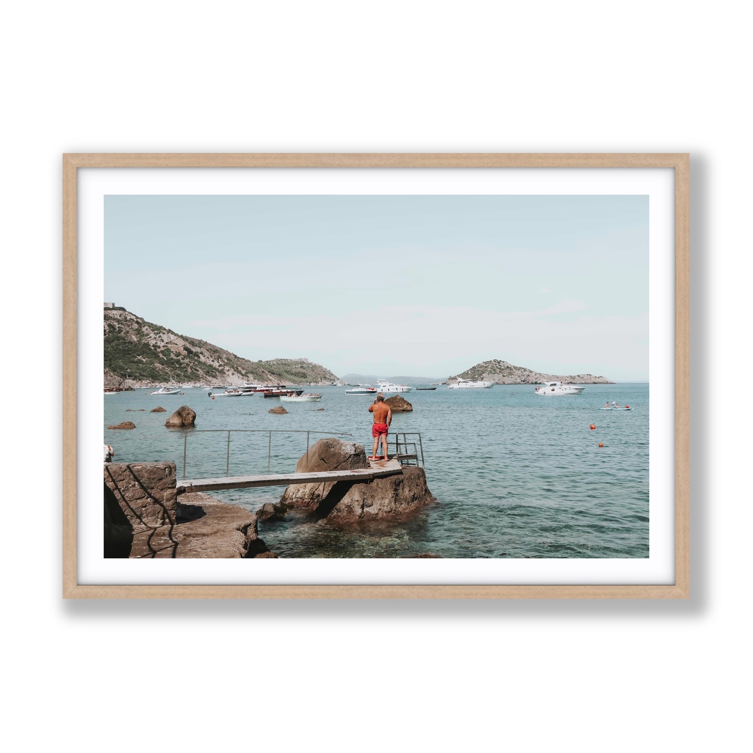 Out Of Office Tuscany coastal Italian wall art Gallery fine art print in natural oak frame with matboard