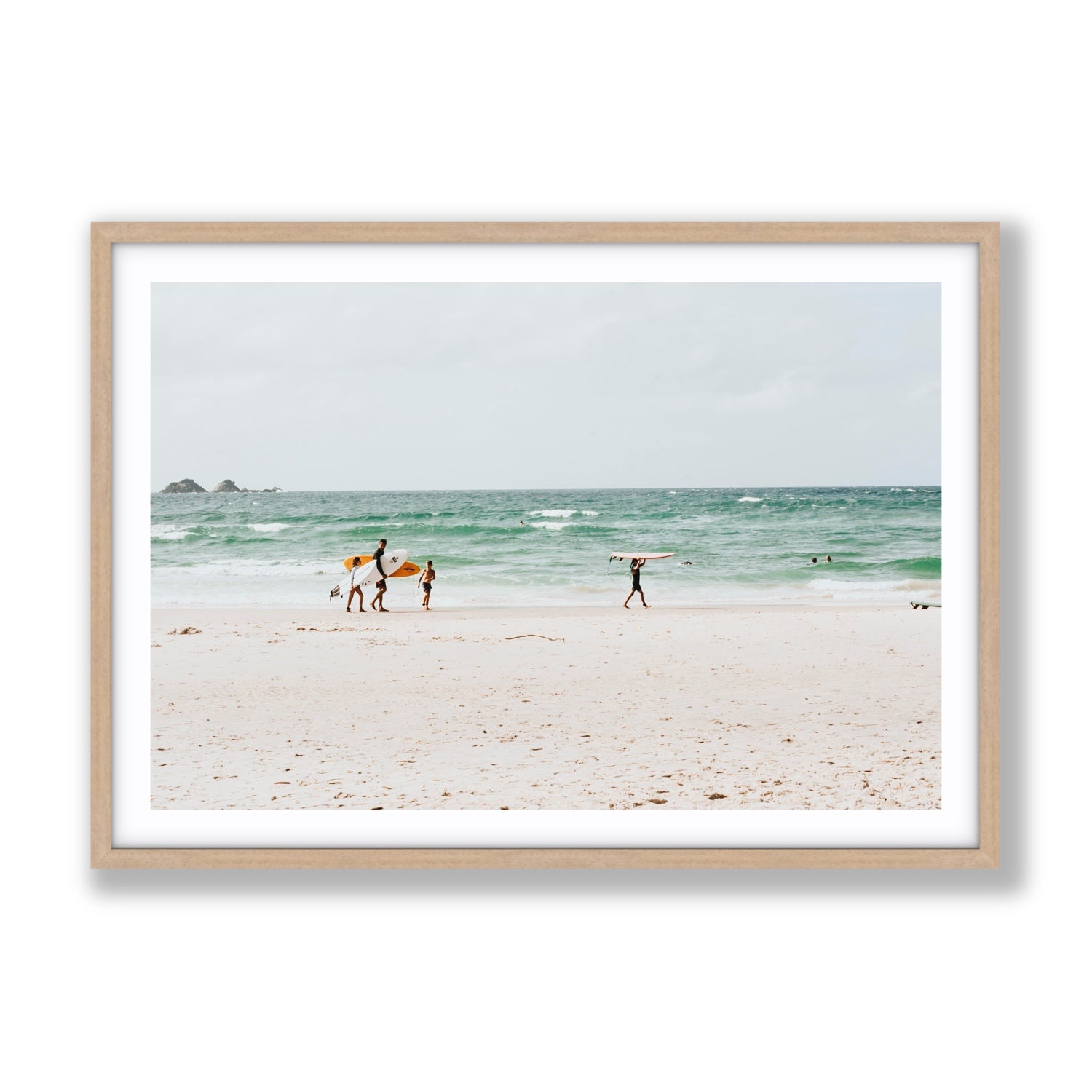 La Famiglia Byron Bay Family Surf coastal wall art Gallery fine art print in natural oak frame with matboard