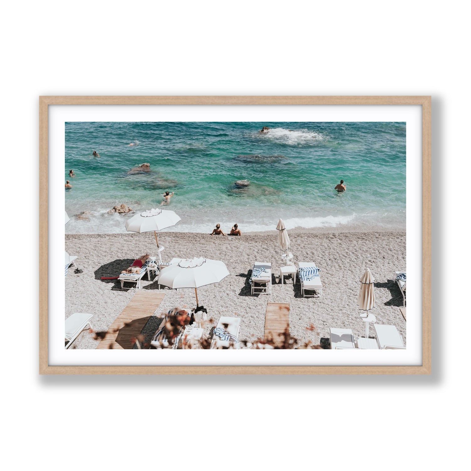Amicizia Amalfi Italian beach wall art Gallery fine art print in natural oak frame with matboard