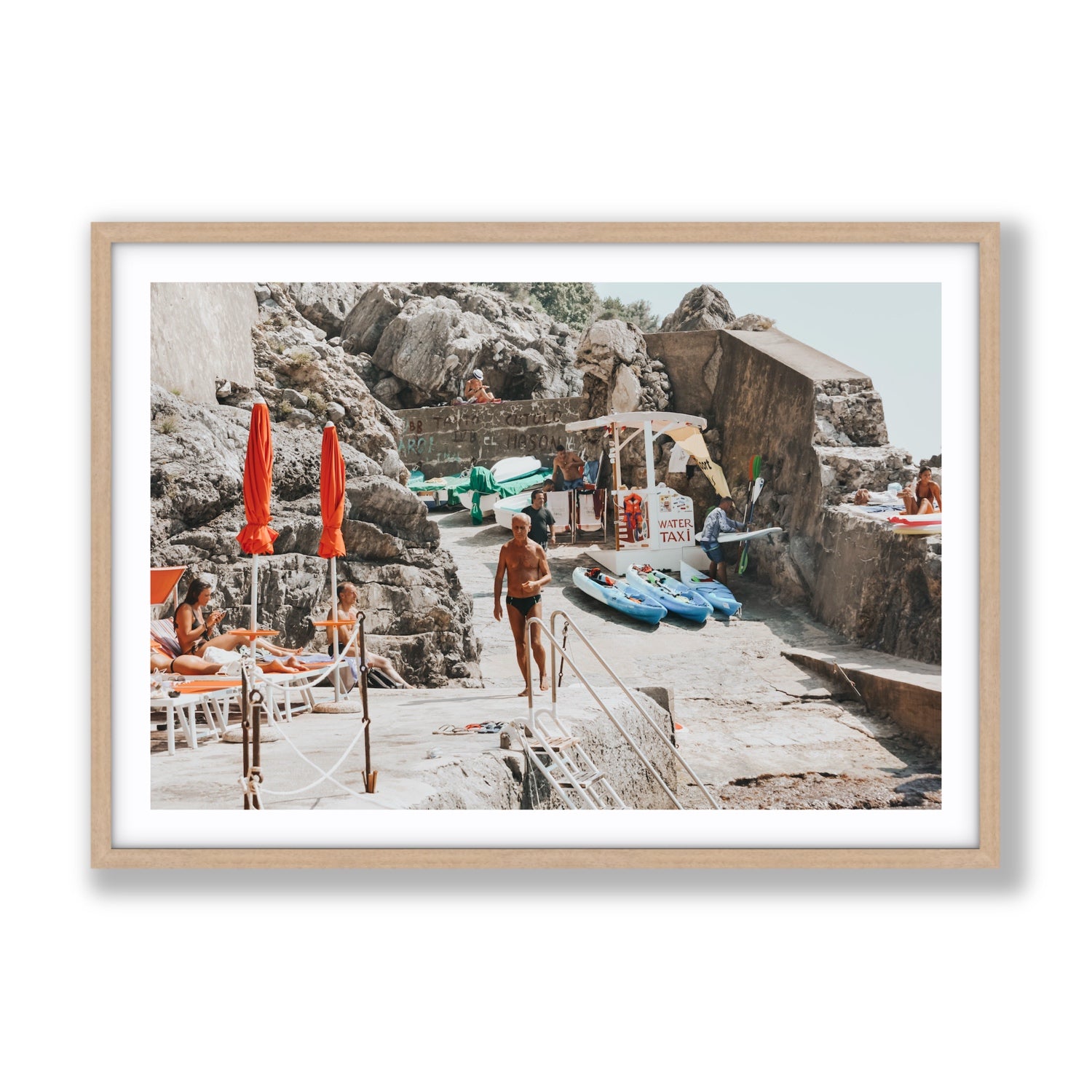 The Local Praiano Amalfi Coast Mediterranean wall art Gallery fine art print in natural oak frame with matboard