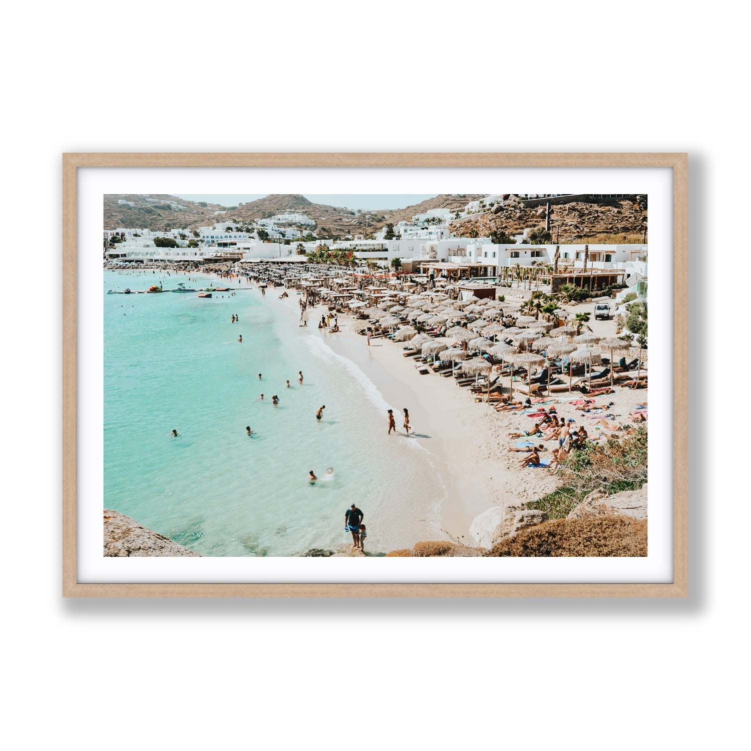 Aquaholic Mykonos Greek island wall art Gallery fine art print in natural oak frame with matboard