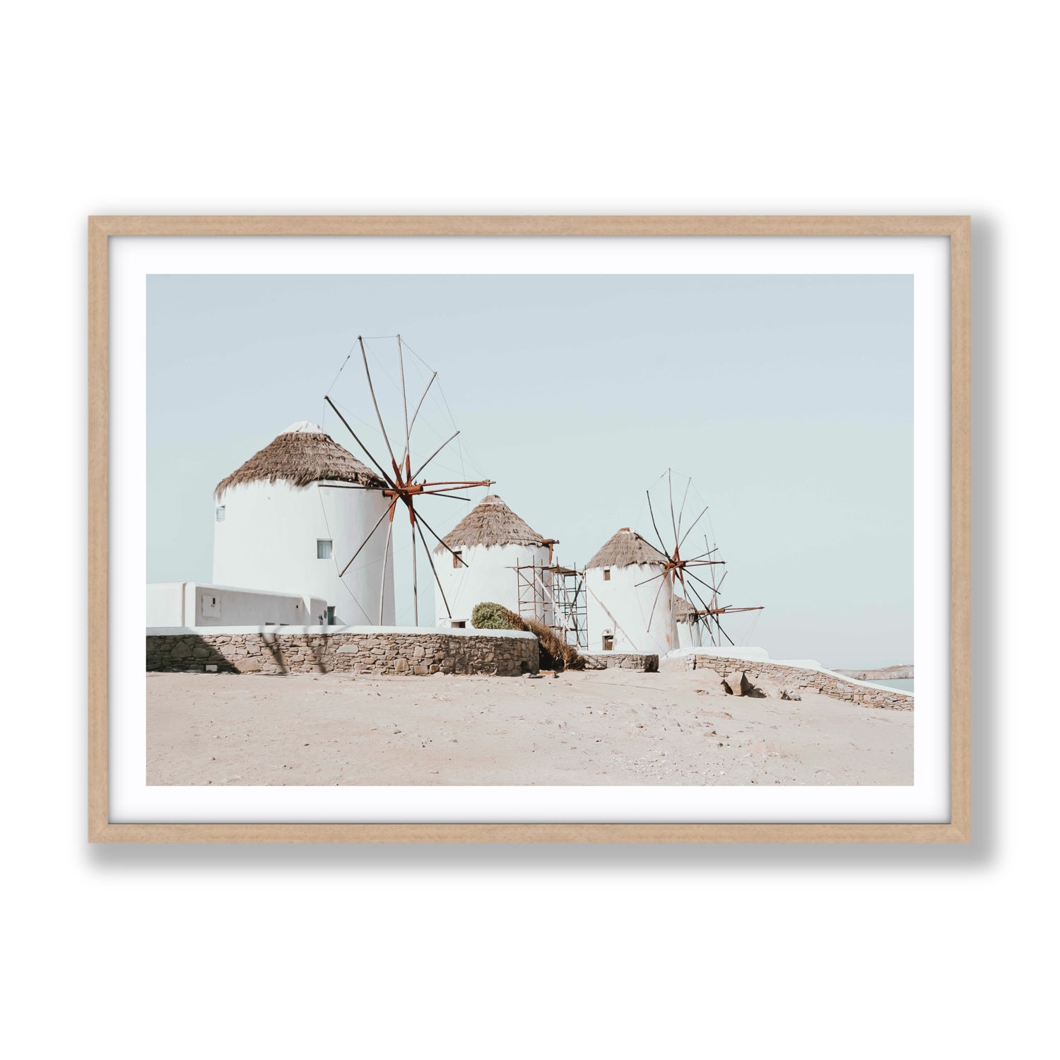 Rustic Icons Mykonos Greek island wall art Gallery fine art print in natural oak frame with matboard