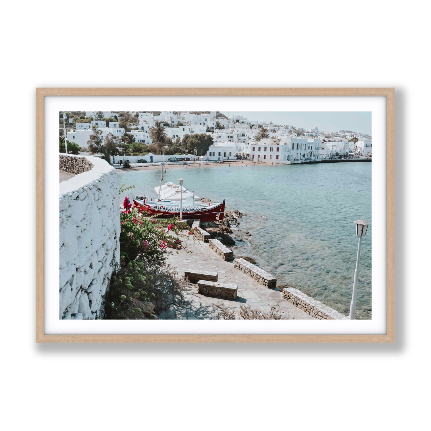 Harika Mykonos Greek island wall art Gallery fine art print in natural oak frame with matboard
