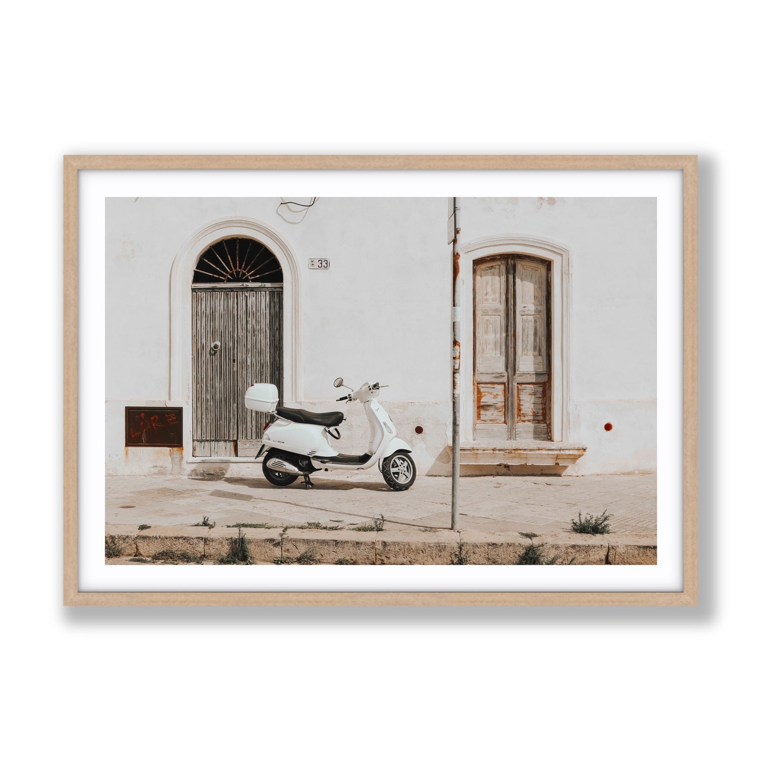 Vespa Nostalgia Puglia Italian wall art Gallery fine art print in natural oak frame with matboard