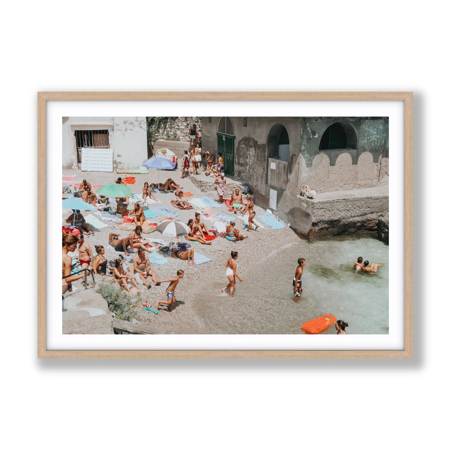 Heatwave Capri beach coastal wall art Gallery fine art print in natural oak frame with matboard
