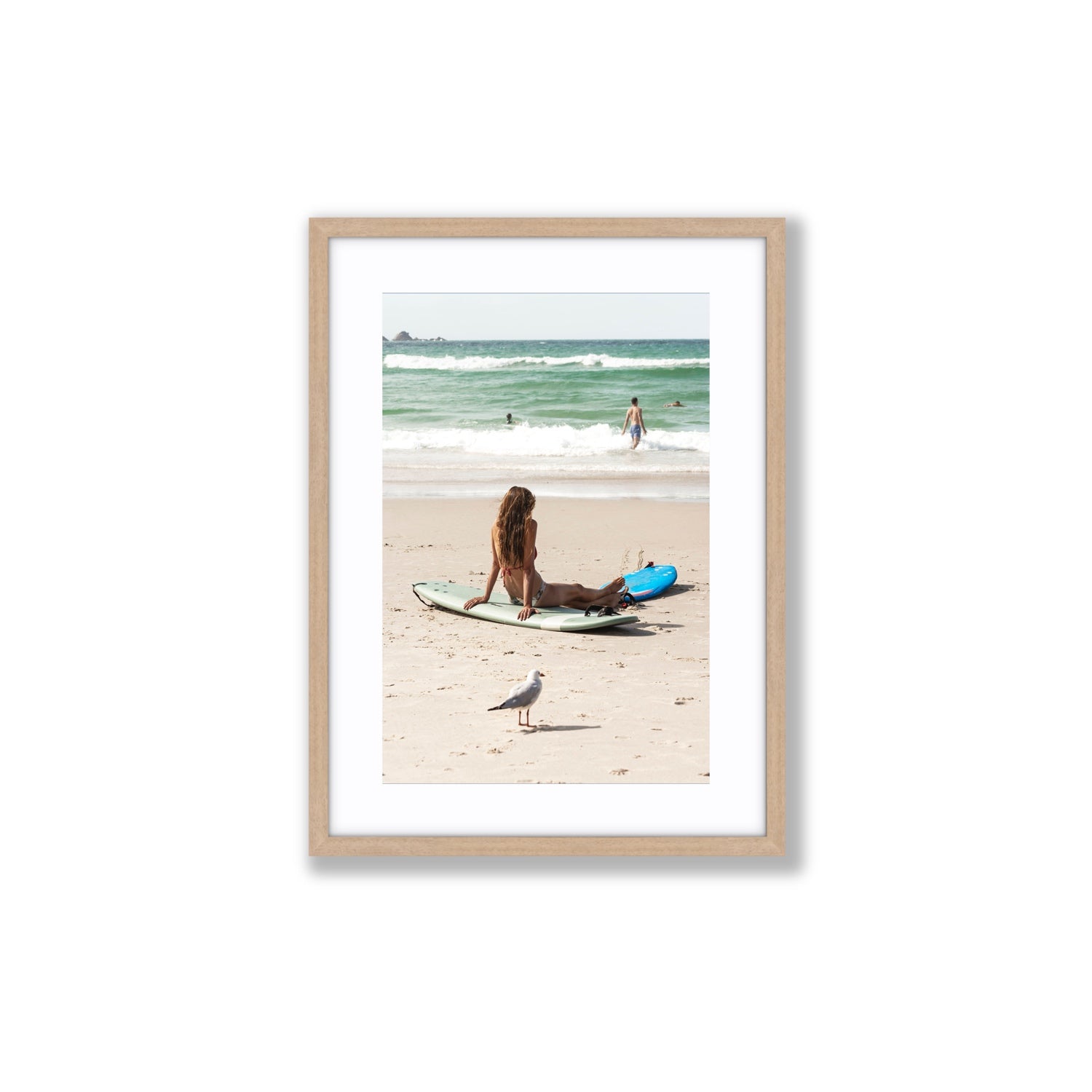 Carissa Byron Bay Surf coastal wall art Medium fine art print in natural oak frame with matboard