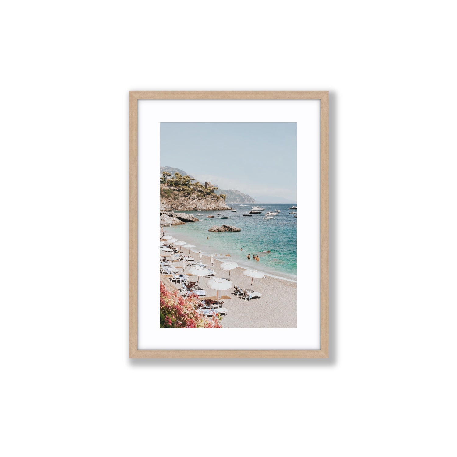 Seaview Refuge Amalfi coastal wall art medium fine art print in natural oak frame with matboard