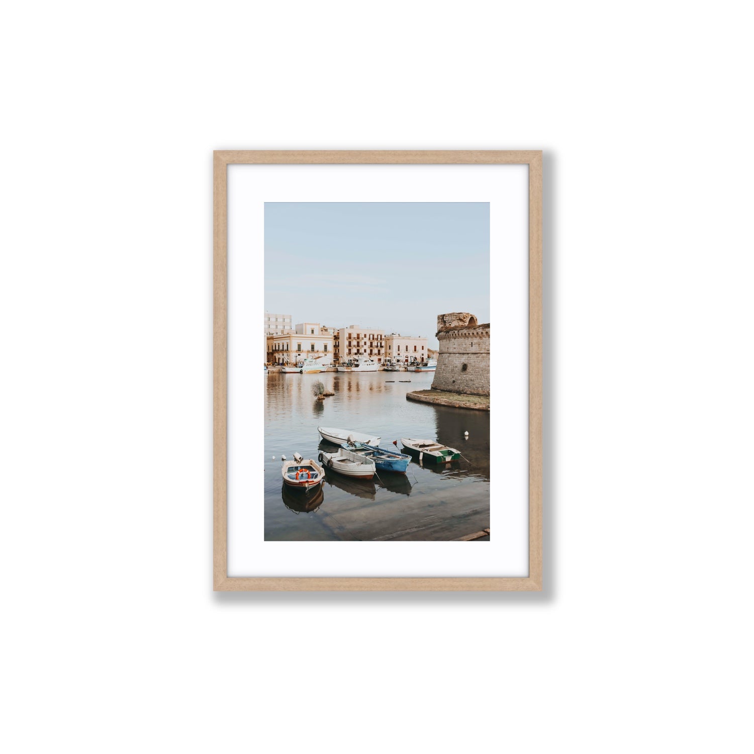Gallipoli Harbour Puglia coastal wall art Medium fine art print in natural oak frame with matboard