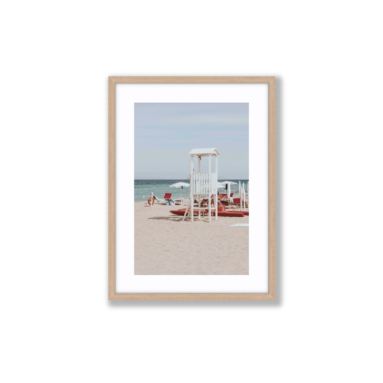 Barefoot Bliss Puglia beach Italian coastal decor wall art Medium fine art print in natural oak frame with matboard