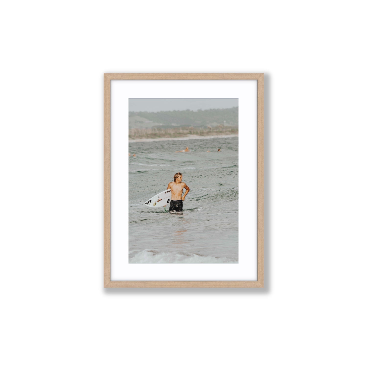 Chasing Mavericks Byron Bay Surf coastal wall art Medium fine art print in natural oak frame with matboard