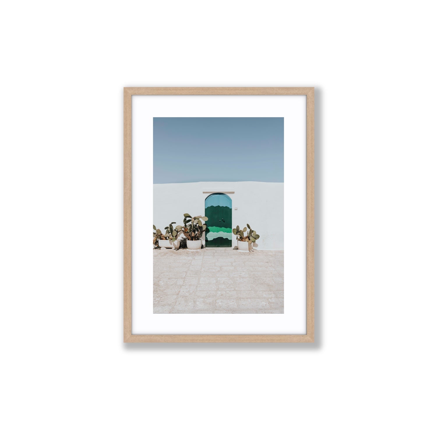 Imaginary Exit Puglia Mediterranean wall art Medium fine art print in natural oak frame with matboard