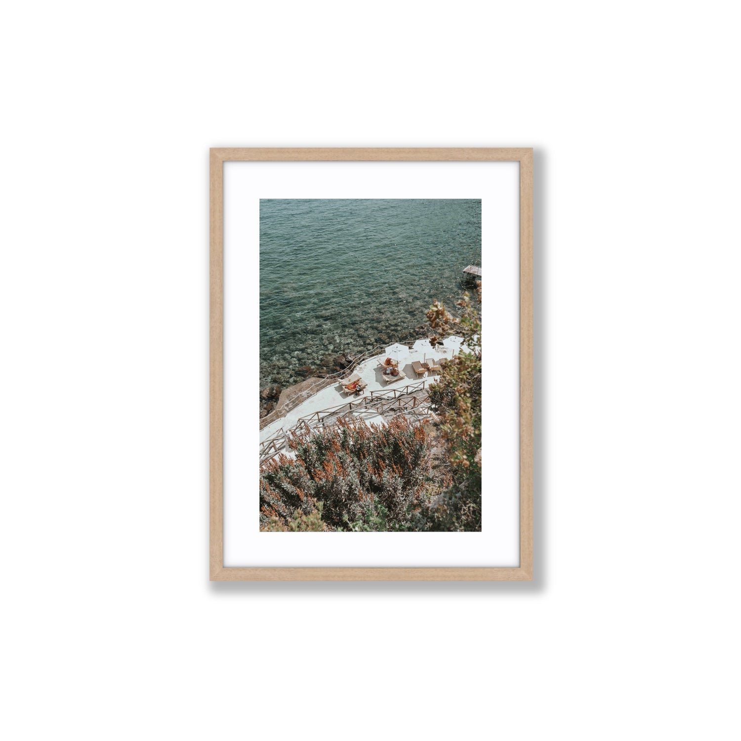 Hidden Gem Tuscany coastal wall art Medium fine art print in natural oak frame with matboard