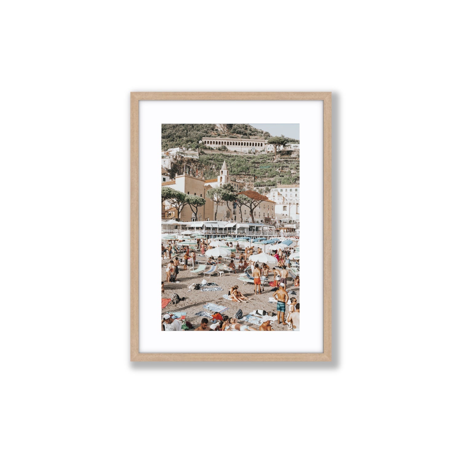 Festa In Spiaggia Amalfi coastal wall art Medium fine art print in natural oak frame with matboard