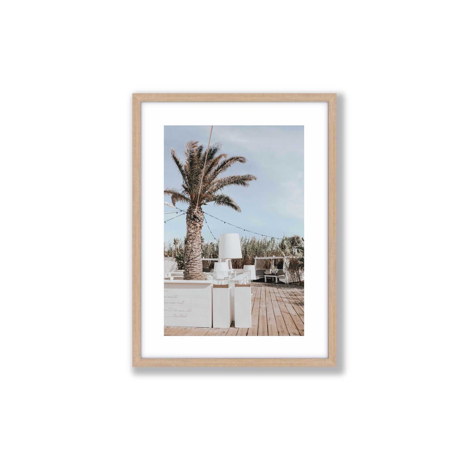 Seabreeze Palm Puglia coastal beach wall art Medium fine art print in natural oak frame with matboard