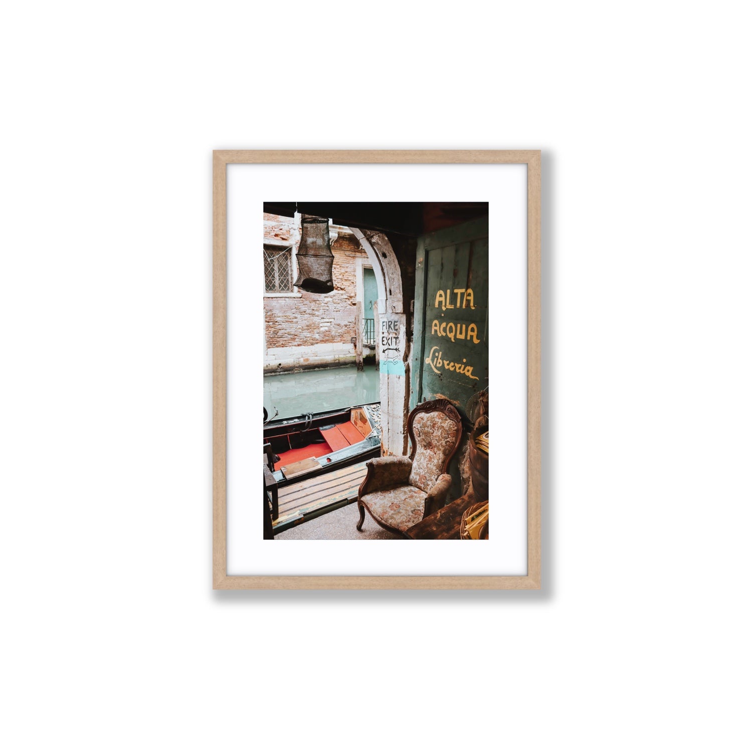Alta Acqua Venice Bookstore wall art Medium fine art print in natural oak frame with matboard