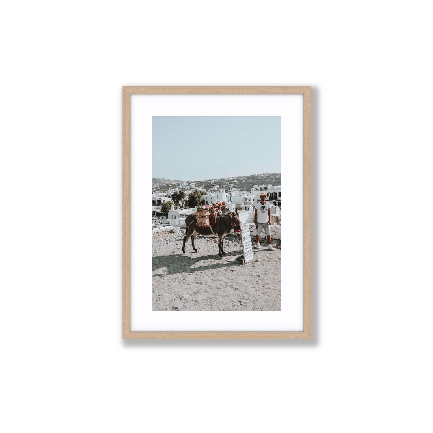 Let The Journey Begin Mykonos Greek island wall art Medium fine art print in natural oak frame with matboard
