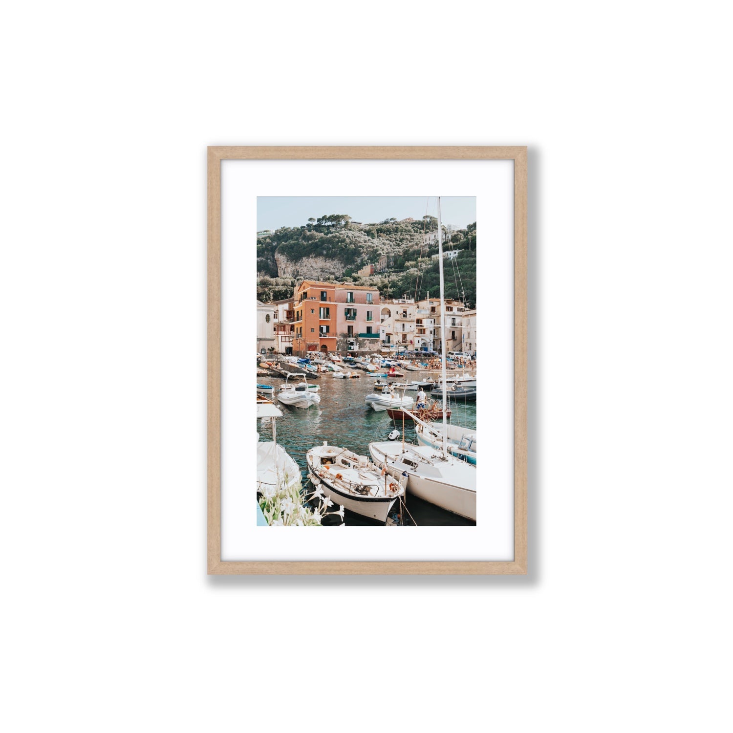 Marina Grande Sorrento coastal Italian wall art Medium fine art print in natural oak frame with matboard
