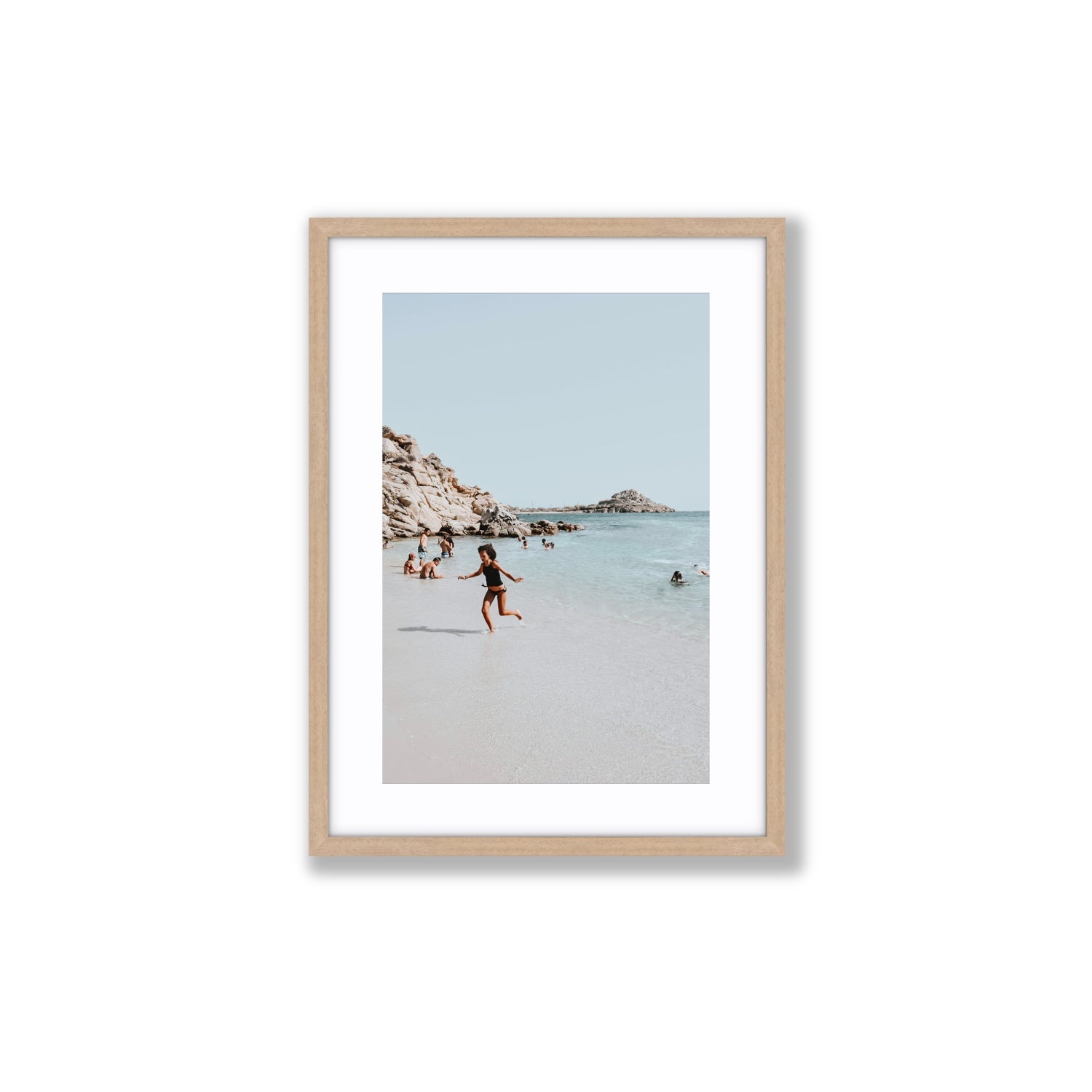Skipping Angel Mykonos Greek island decor wall art Medium fine art print in natural oak frame with matboard
