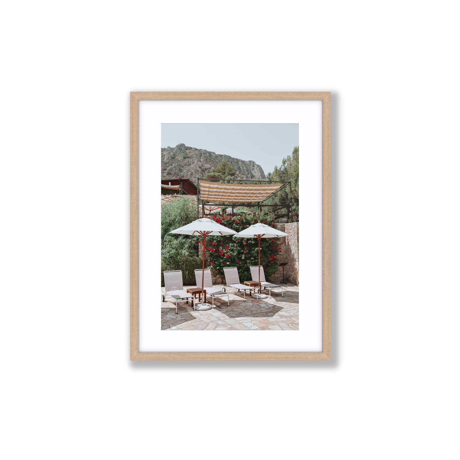 Shades of Leisure Tuscany coastal Italian wall art Medium fine art print in natural oak frame with matboard