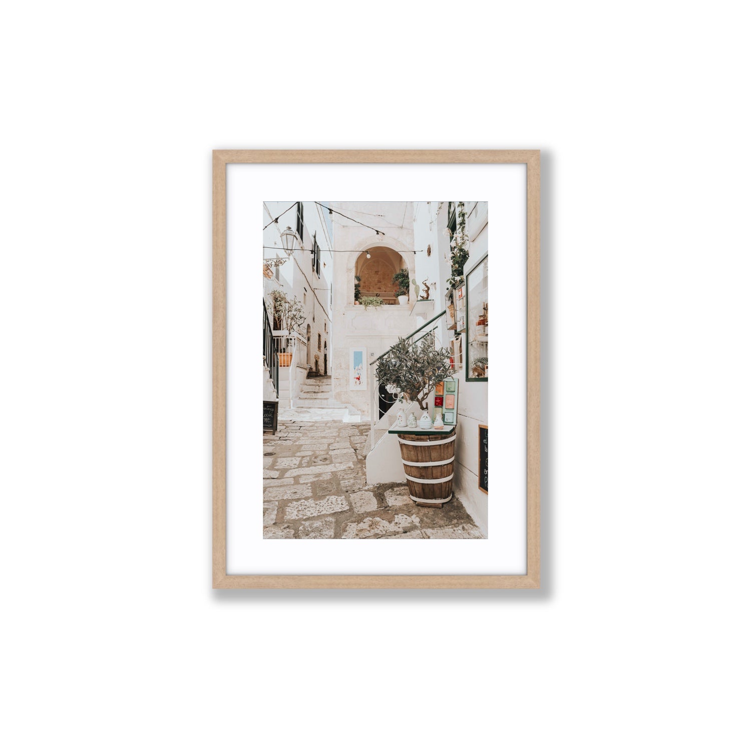 Olive Tree Lane Puglia Ostuni Mediterranean decor wall art Medium fine art print in natural oak frame with matboard
