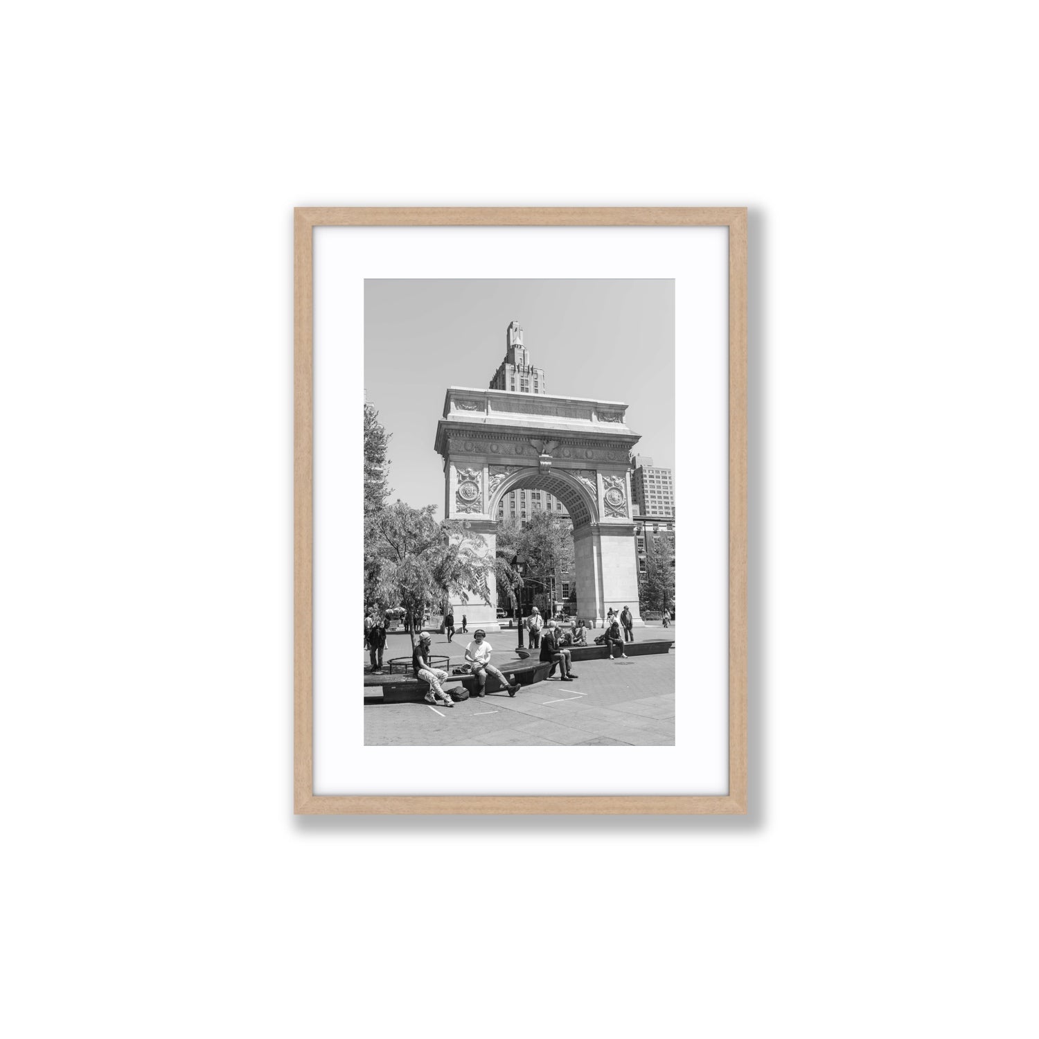 City Picnic New York NYC Black & White wall art Medium fine art print in natural oak frame with matboard
