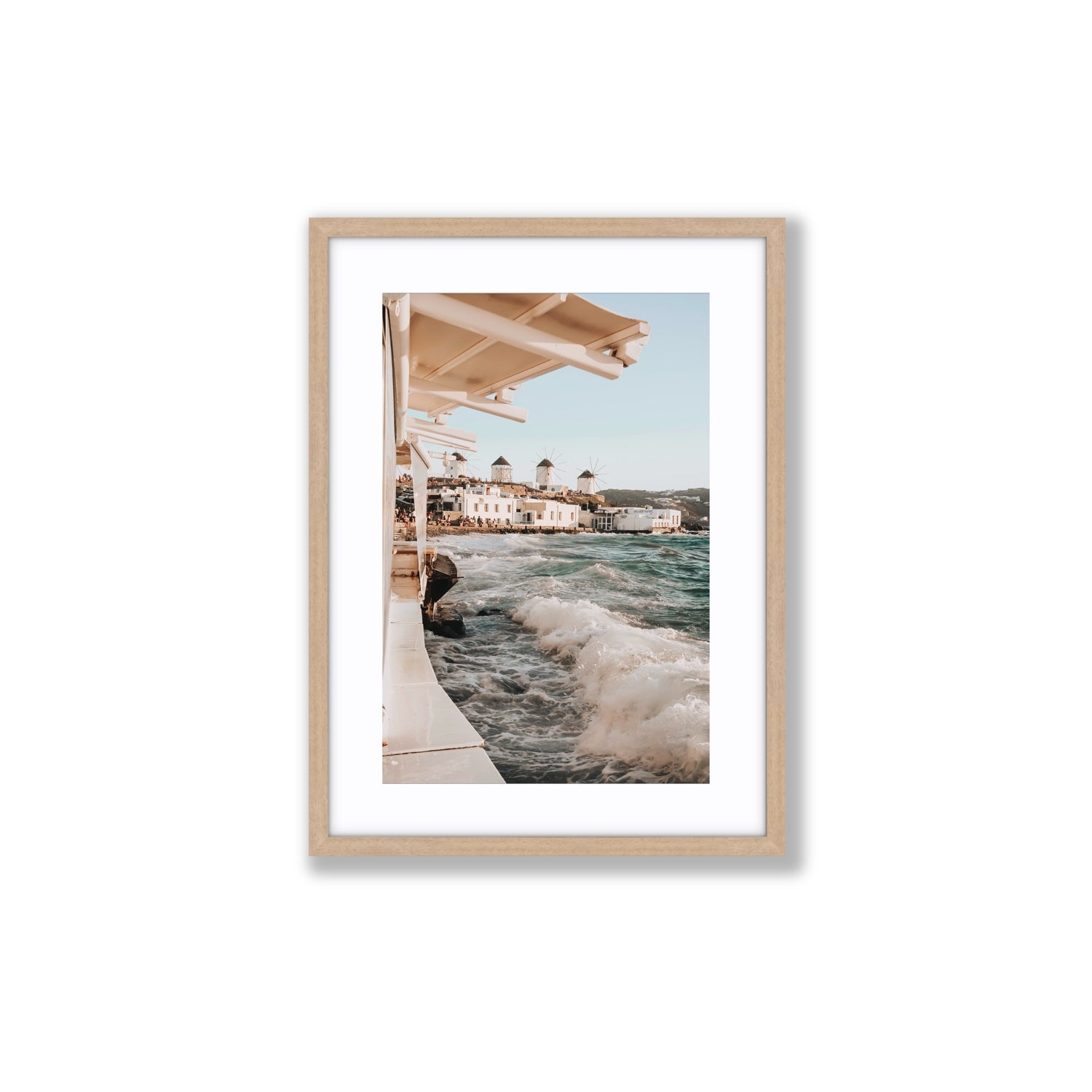 Windmills Mykonos Greek island wall art Medium fine art print in natural oak frame with matboard