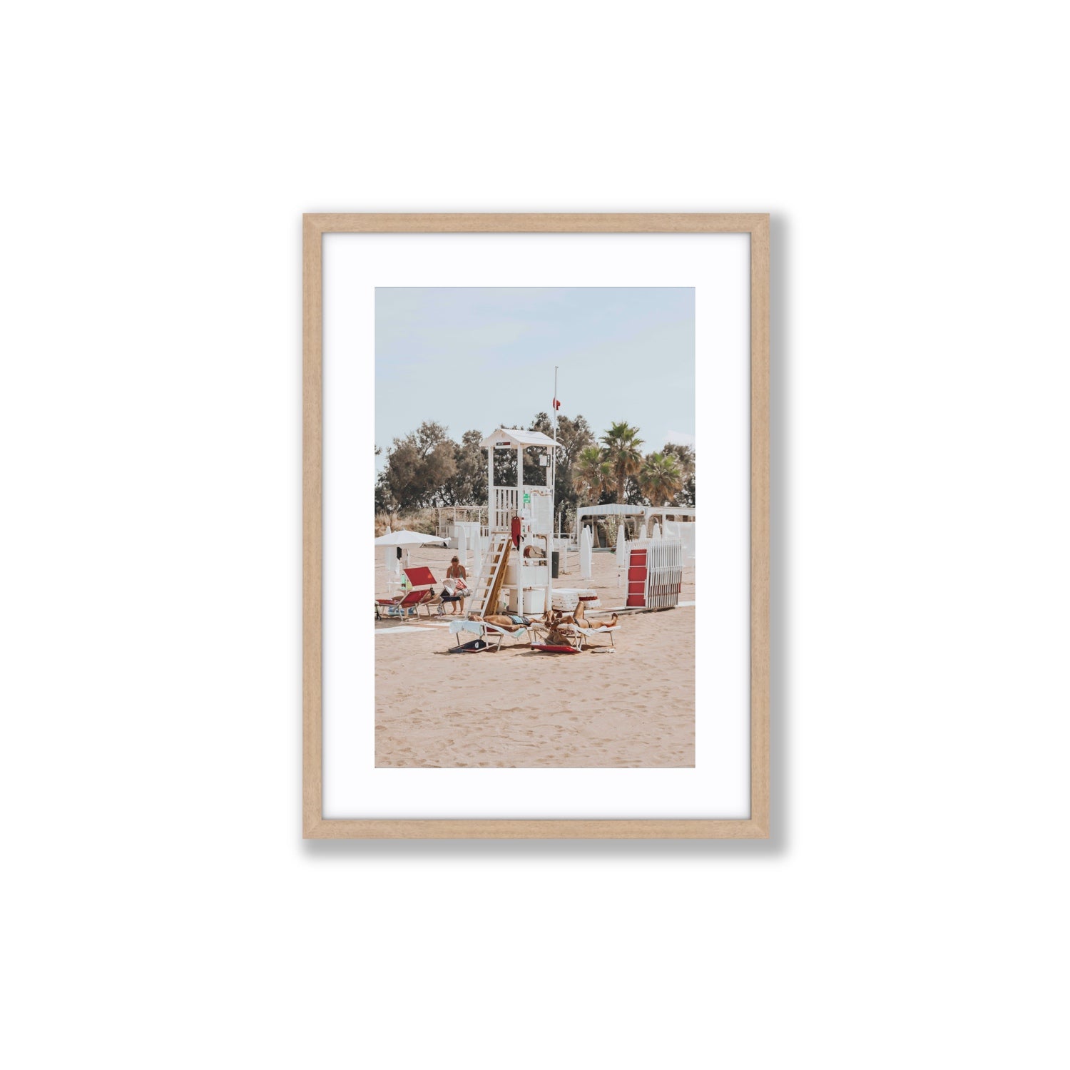 Red Lounge Reverie Puglia beach coastal wall art Medium fine art print in natural oak frame with matboard