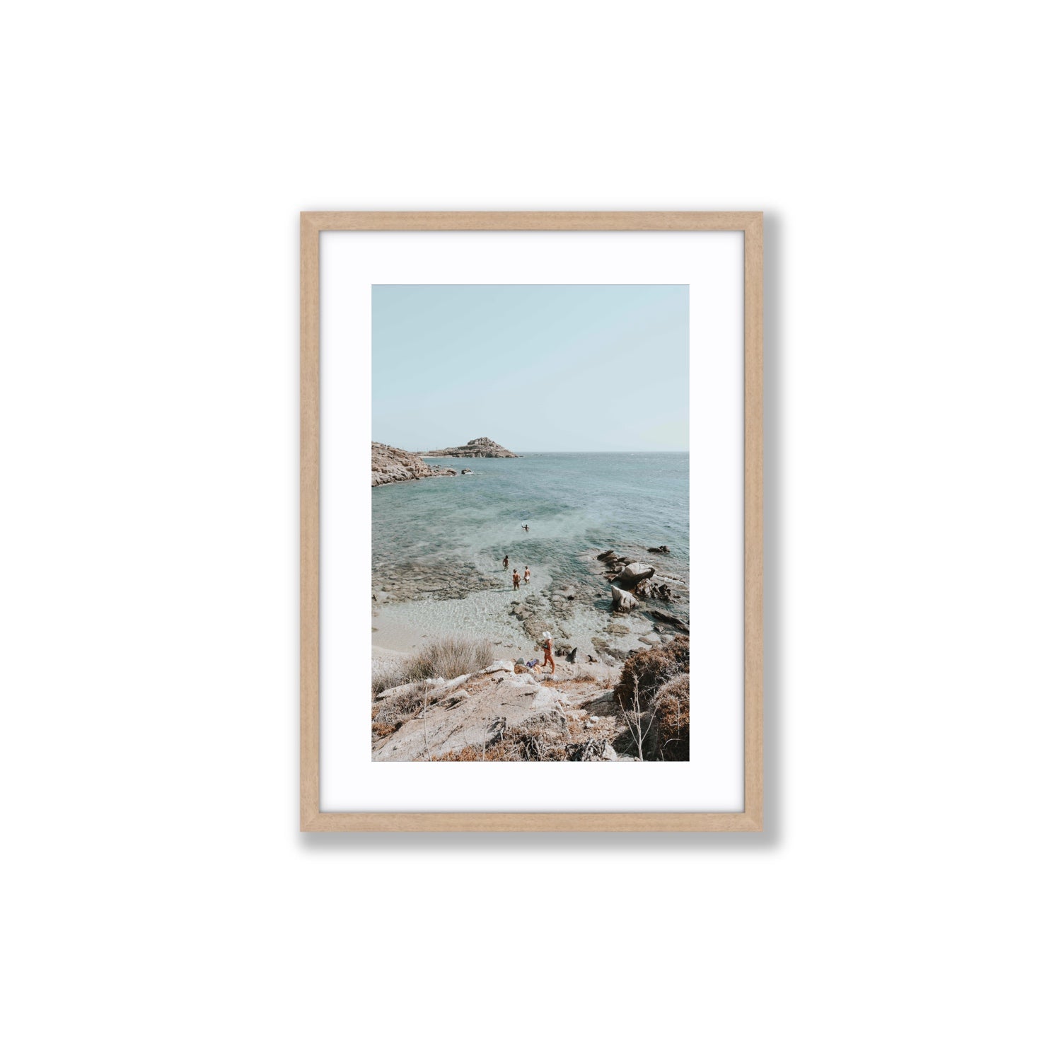 Explorers Mykonos Greek island wall art Medium fine art print in natural oak frame with matboard