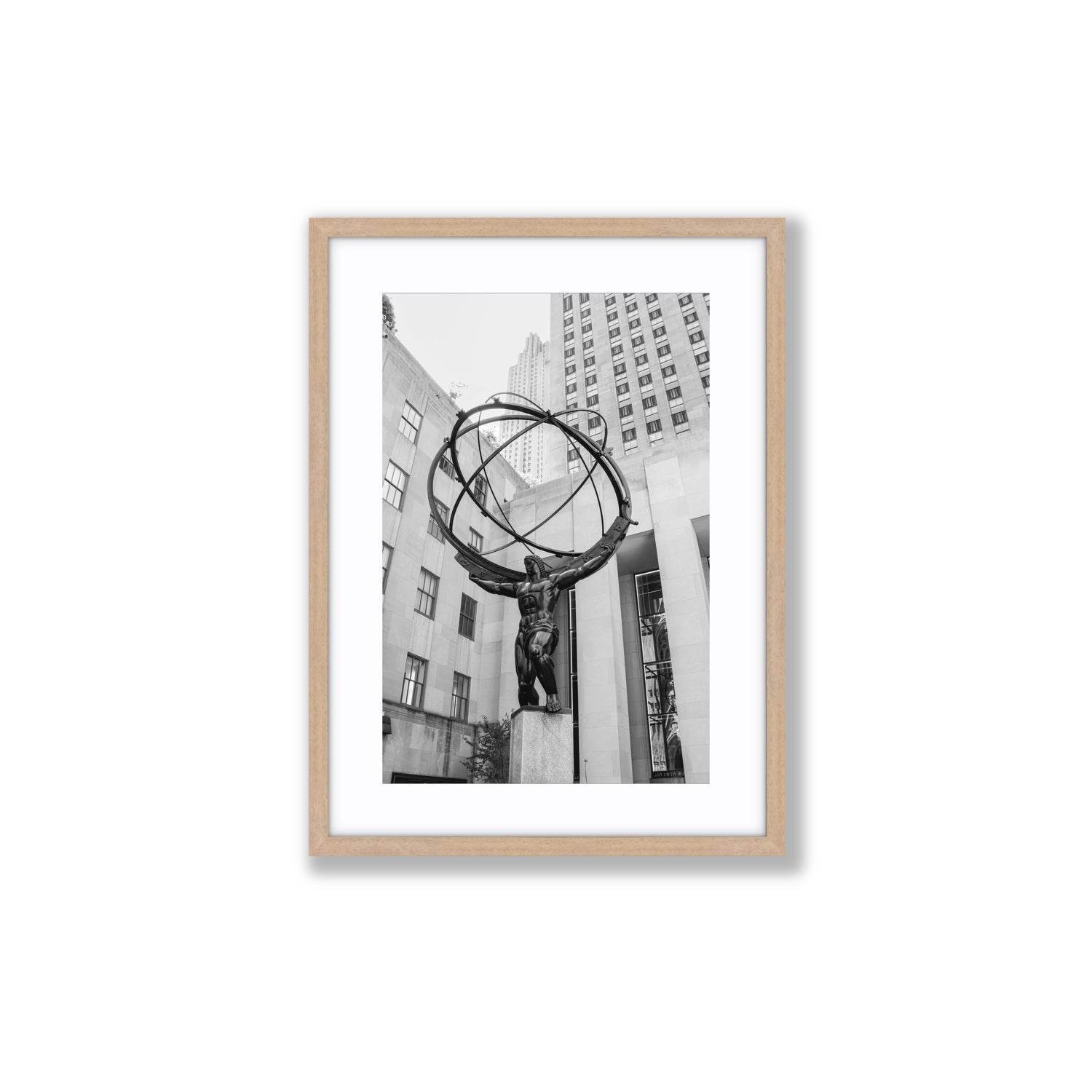 Atlas Ascends New York NYC Black & White wall art Medium fine art print in natural oak frame with matboard