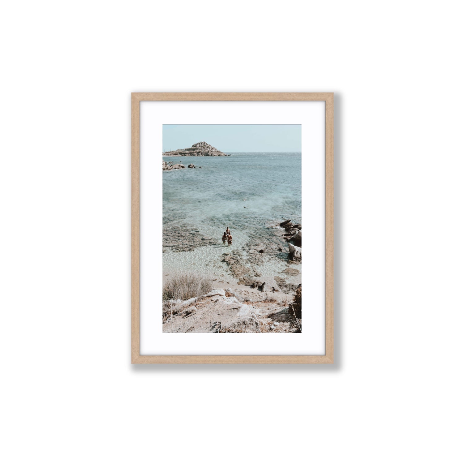 Island Life Mykonos coastal Greek island wall art Medium fine art print in natural oak frame with matboard