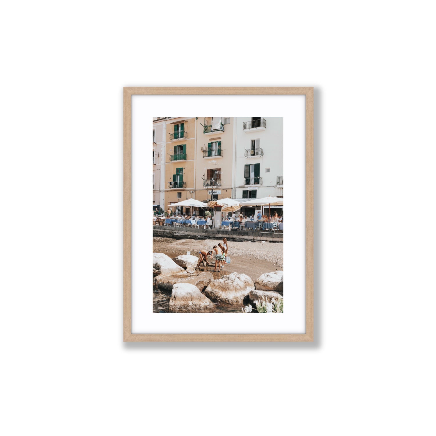 Sunny Playtime Sorrento coastal wall art Medium fine art print in natural oak frame with matboard