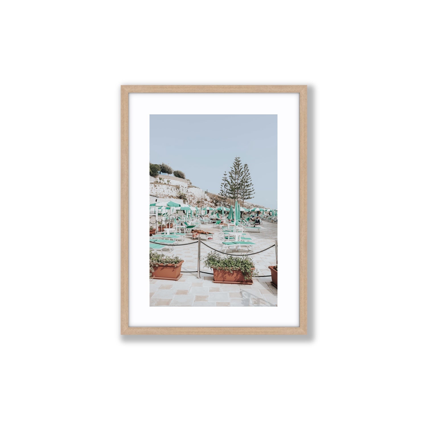 Siesta on The Terrace Puglia coastal wall art Medium fine art print in natural oak frame with matboard