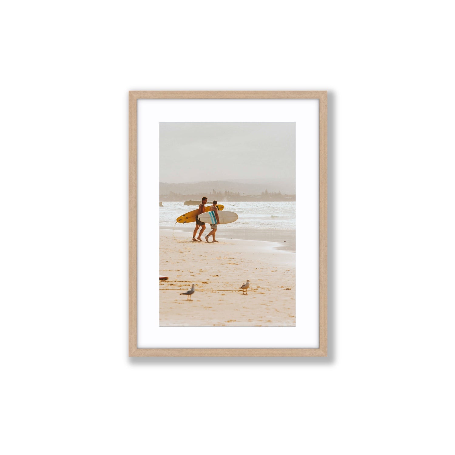Shane & Benji Byron Bay Surf coastal wall art Medium fine art print in natural oak frame with matboard