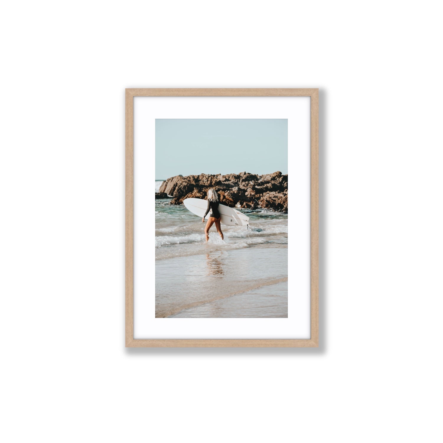 Bethany Byron Bay Surf coastal decor wall art Medium fine art print in natural oak frame with matboard
