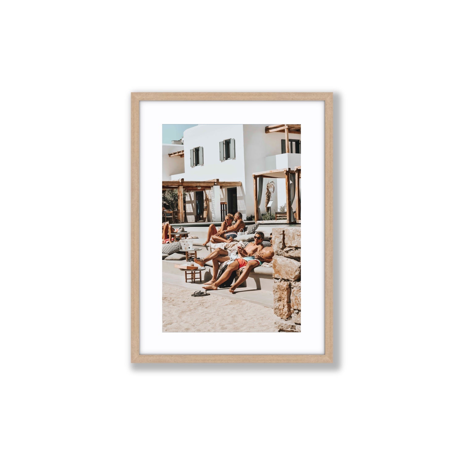 Style That Sizzles Mykonos Greek island wall art Medium fine art print in natural oak frame with matboard