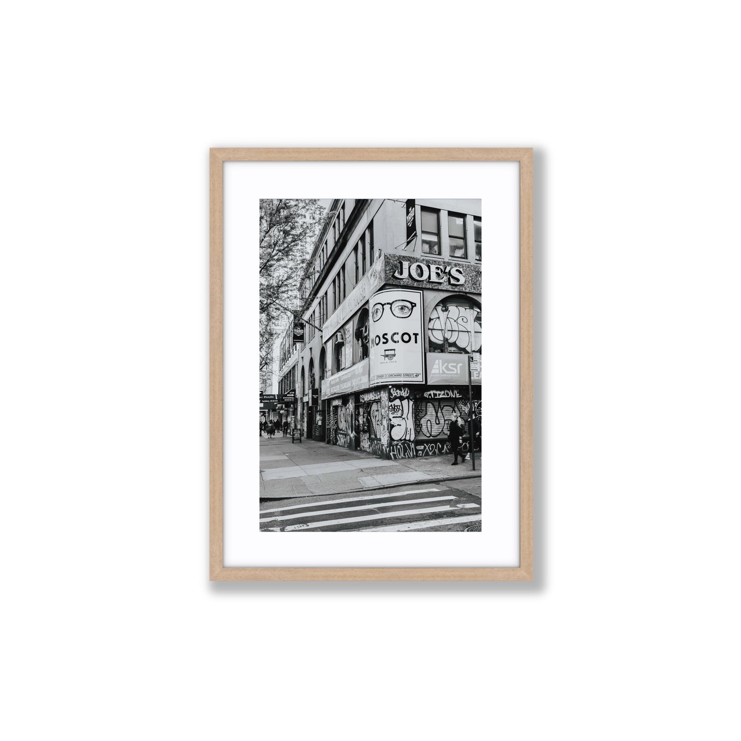 Lower East Side Murals New York NYC Black & White wall art Medium fine art print in natural oak frame with matboard