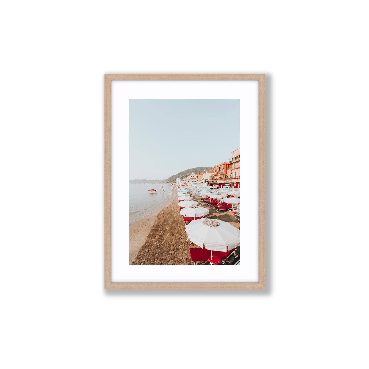 Italian Riviera fine art print, Alassio, Italy, coastal scenes artwork, Medium, Natural Oak Frame · Matboard, Fine Art Print