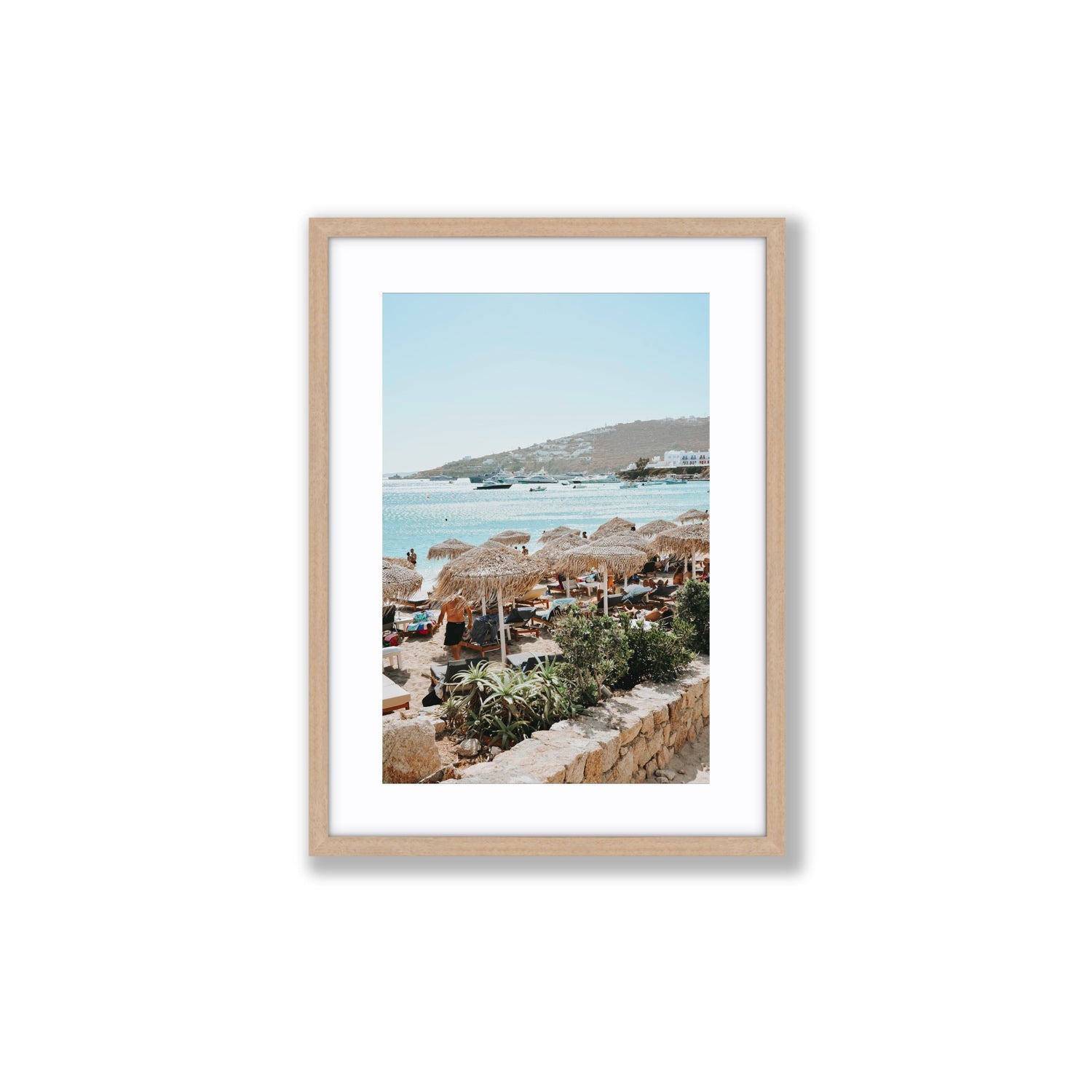 Beachside Huts Mykonos Greek island wall art Medium fine art print in natural oak frame with matboard