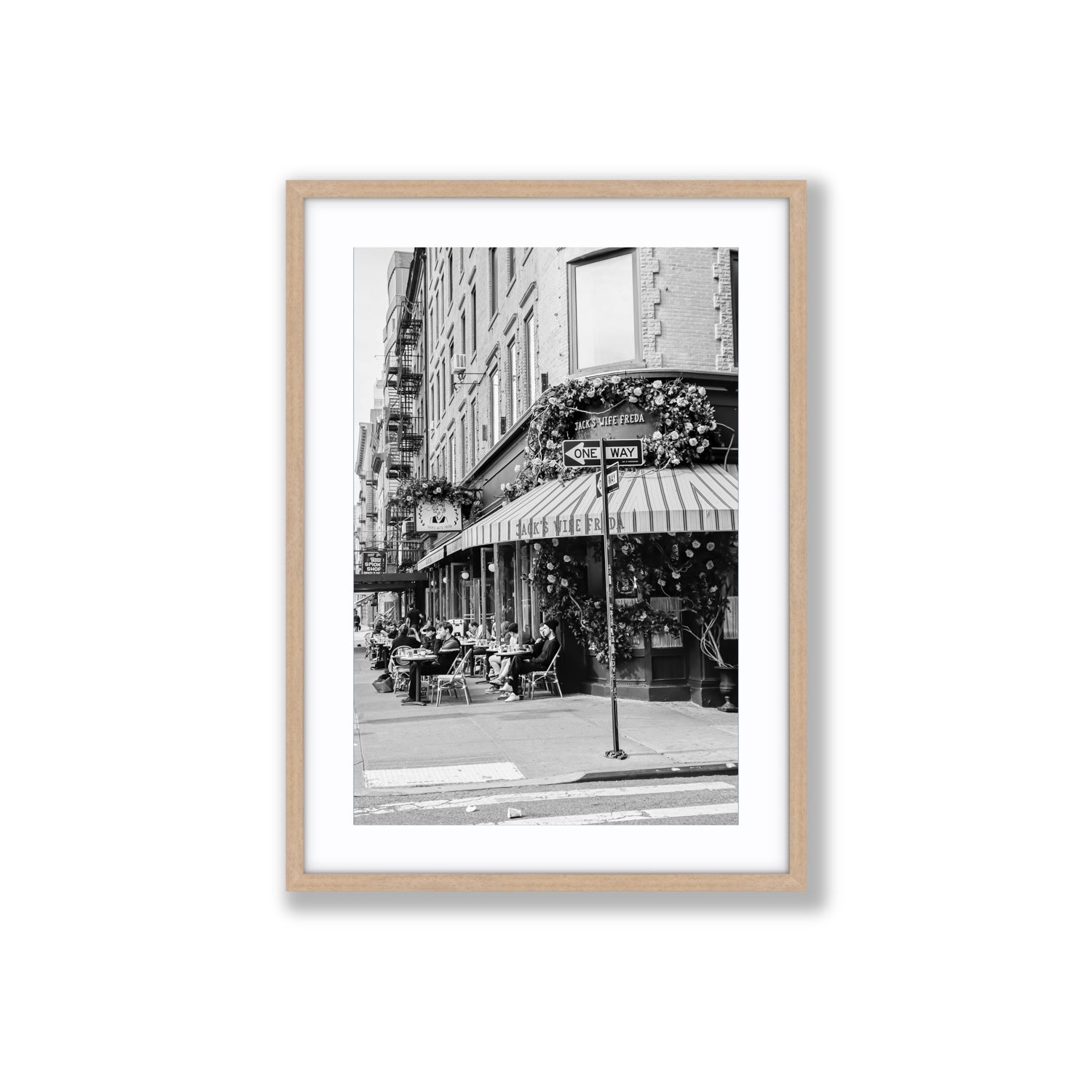 Freda's Feast New York NYC Black & White wall art Large fine art print in natural oak frame with matboard