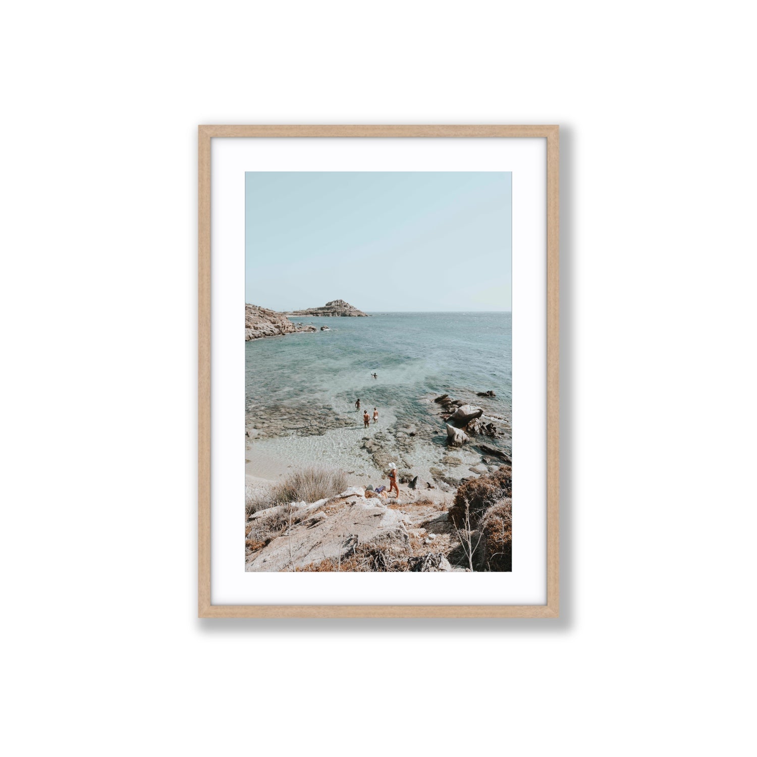 Explorers Mykonos Greek island wall art Large fine art print in natural oak frame with matboard