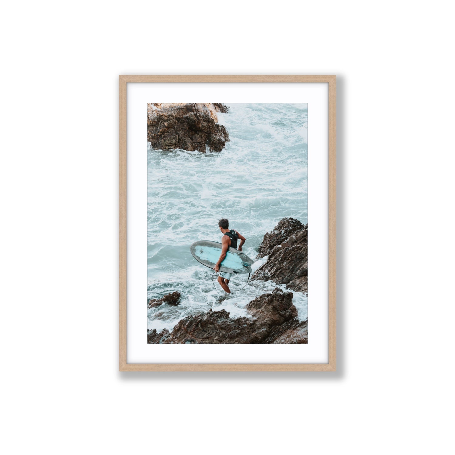 Into The Soup Byron Bay Surf coastal wall art Large fine art print in natural oak frame with matboard